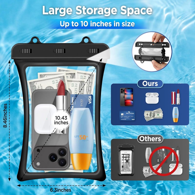 CACOE [Floatable Floating Universal IPX8 Waterproof Phone case 2 Pack-Up to 10.0",Adjustable Lanyard Phone Pouch,Cellphone Dry Bags for Vacation Beach Pool Kayak Cruise Travel Essentials（Black+Black） - Image 3